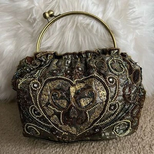 Vintage 70s Gold beaded lame egyptian flapper girl formal purse evening clutch - Picture 1 of 10