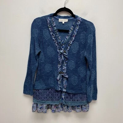 Pretty Angel Womens Blue Floral Ruffle Tiered Button Up Linen Blend Cardigan S - Image 1 of 4