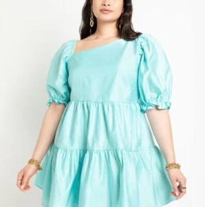 Aqua Asymmetric Neckline Puff Sleeve Tiered Swing Trapeze Dress Size 18 2X Plus - Picture 1 of 8