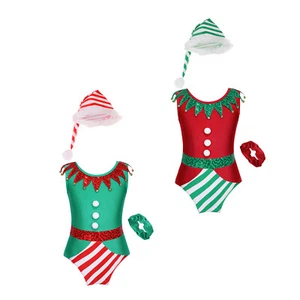 Kids Girls Christmas Leotard Dance Bodysuit Sleeveless Striped Jumpsuit Costume - Picture 1 of 36