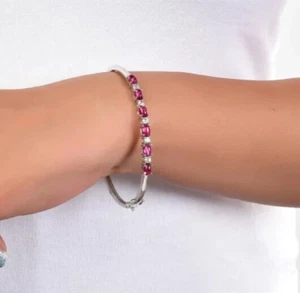 7.17TCW Prong Set Pink Tourmaline & White Sapphire Openable Fine Bangle Bracelet - Picture 1 of 8