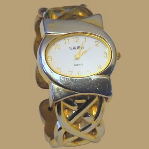 Gruen Watch Gold Tone Open Cuff Band Celtic Knot Design with Battery - Picture 1 of 6