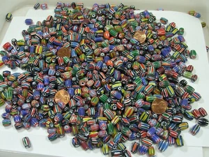 2 Pounds Assorted Colors India Handmade Oval Chevron Glass Beads Lot (QPP-65) - Picture 1 of 12