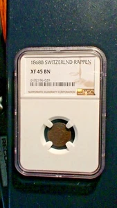 1868 B SWITZERLAND ONE RAPPEN NGC XF45 BN 1R Coin PRICED TO SELL! - Picture 1 of 4