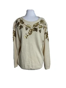 Vtg Dana Scott 80s Sweater Medium Silk Wool Angora White Gold Sequin Pullover - Picture 1 of 11