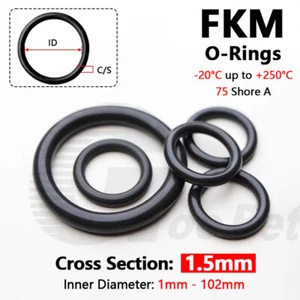 Metric FPM FKM Rubber O-Rings 1.5mm Cross Section 1mm-102mm ID 75 Shore A Black - Picture 1 of 116