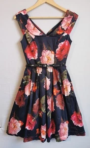 Review Sz 6 Navy Floral Lined Pleated A-Line Belted Stretch Knee-Length Dress - Picture 1 of 8