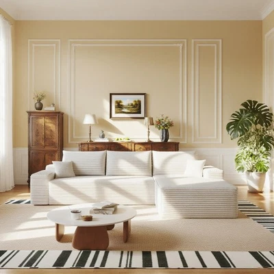 107"White Boneless Sofa Plush Corduroy L Shaped Sectional Couch with Right Chair - Image 1 of 4