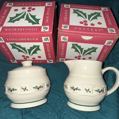 Longaberger Christmas Woven Traditional Pottery Holly Sugar Bowl and Creamery - Image 1 of 4