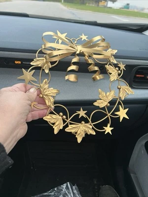 Gold Tone Holly Stars Bow Metal Christmas Holiday Wreath Wall Decor Retro 9” - Image 1 of 4