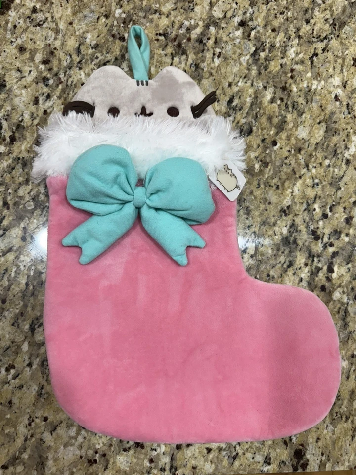 Kawaii Pusheen Christmas Stocking Plush 14”X11" Pink and White w/ Bow NWT - Image 1 of 4