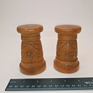 vintage Philippines Carved Wood Tiki hut Salt & 4" x 2" Pepper Shakers - Picture 1 of 6