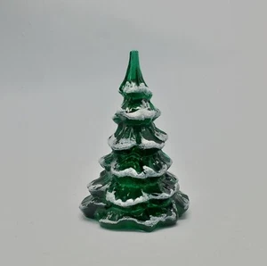 6"H Fenton Glass Christmas Tree Inch Green Spruce Flocked White Snow Vintage - Picture 1 of 13