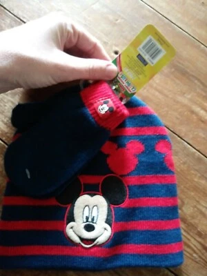 Nuevo nuevo con etiquetas 2t - 5t Mickey Mouse rojo azul niños str Disney punto sombrero y mitones conjunto gorra Foto 1 de 2