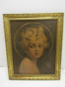 1951 VINTAGE BABY JESUS SOLID GOLD WOOD FRAME RELIGIOUS PICTURE - Picture 1 of 6