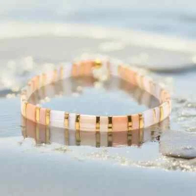 Dainty Pink Tila Flat Beaded Elegant Handwoven Silk Adjustable Stacking Bracelet - Image 1 of 4