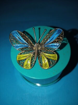 SPILLA DONNA IN ARGENTO 800 E SMALTI BIGIOTTERIA VINTAGE D'EPOCA - Immagine 1 di 4