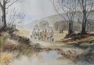 Dramatic 'Dog Walkers' Original Framed Watercolour Painting Winter Landscape - Picture 1 of 8