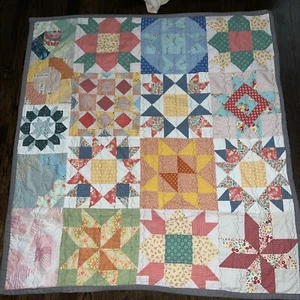 Vintage Home Made Bright Colorful Sampler Quilt 45" x 43" Hand Stitched - Picture 1 of 5