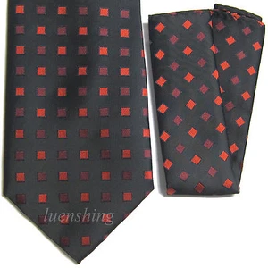 New Polyester Woven Men's Neck Tie & hankie set black red checkers formal prom - Picture 1 of 3