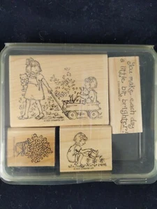 Stampin Up FRIENDSHIPS GROW Wood Stamp Set Children Wagon Flowers Greetings - Picture 1 of 3
