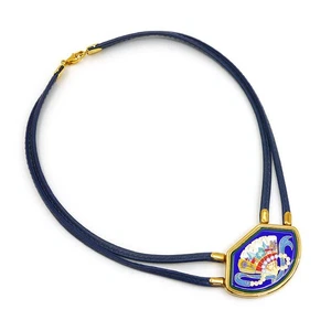 [VG] HERMES Email necklace enamel choker gold metal plated leather navy enamel - Picture 1 of 7