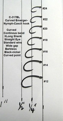 50 Curved Emerger/Nymph/Czech Hooks C-317BL Straight eye Barbless Black-Nickel - Image 1 of 2