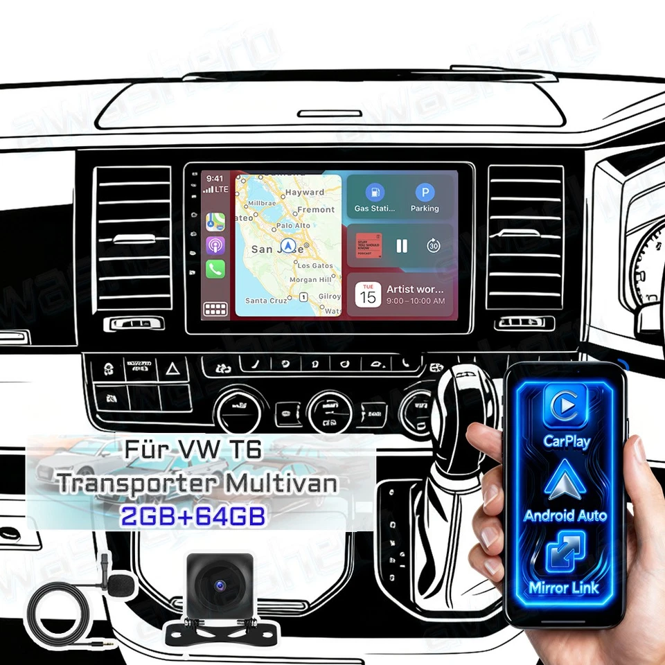 9" 64GB Android15 Carplay Autoradio GPS Navi Für VW T6 Transporter Multivan +KAM - Bild 1 von 4