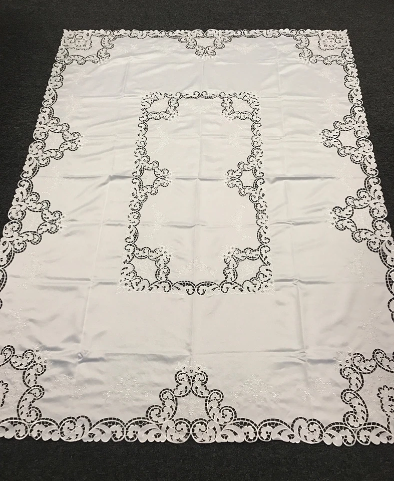 White Embroidered Embroidery Cutwork Tablecloth 72x126" Wedding Bridal 12 Napkin - Image 1 of 4