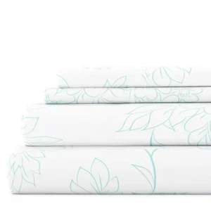 4-Piece Aqua Floral Microfiber Queen Sheet Set - Picture 1 of 12