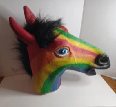 Rainbow Horse Head Mask Latex Animal Cosplay Halloween Party Costume Fancy Dress - Image 1 of 4
