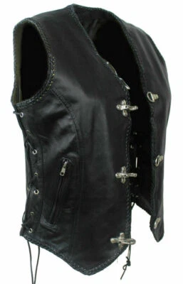 Femmes Moto Gilet en Cuir Motard Habitude Boucles Gilet Lederkutte Chopper, Noir - Photo 1/4