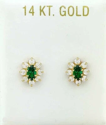 LAB CREATED 0.46 Cts EMERALD & WHITE SAPPHIRE STUD EARRINGS 14K GOLD  Screw Back - Image 1 of 4