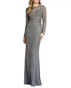 Abito manica lunga Mac Duggal 5240 scollo illusione perline - taglia 6 - platino - Foto 1 di 9