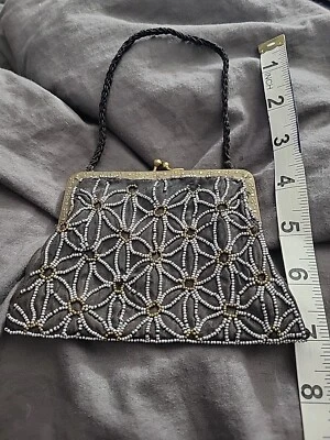 Antiguo Bolso de Noche Vintage Semilla Perla Negro Seda Cuentas Cartera Marfil Seda Línea Foto 1 de 4