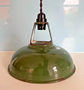 Vintage Emaille Coolicon grün Industrielampe Deckenschirm Coolie Pendelleuchte Kabel - Bild 1 von 3