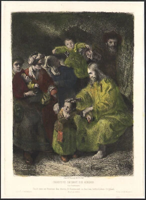 1873 Gravure Eau-forte aquarellée Rembrandt jesus bénit les enfants L. Flameng - Photo 1/3