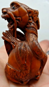 Netsuke Boxwood Figurine FIGURE Carved Signed 'DRAGON ON BALL' - FREE SHIP!!! - Picture 1 of 8