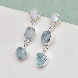 Natural Raw Aquamarine & Moonstone Earring 925 Sterling Silver Vintage-RE08 - Picture 1 of 4