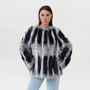 Fashion Women Chinchilla Fur Winter Coat Real Rex Rabbit Fur Outwear Warm Jacket - Picture 1 of 8