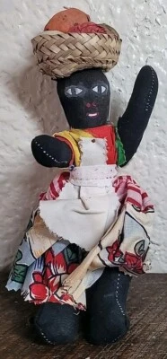 Vintage Jamaica/Caribbean Handmade Colorful Cloth Rag Folk Doll w/Fruit Basket - Image 1 of 4