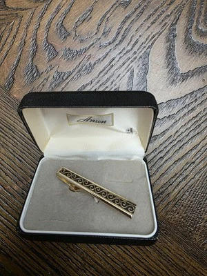 Vintage Ansen Gold Tie Clasp Clip Still In Box Gold Black Filagree - Image 1 of 3
