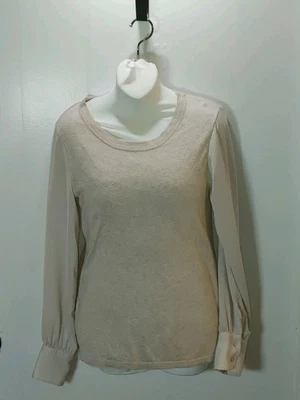 Lilla P Womens Medium Light Sugar Long Balloon Button Sleeve Crew Neck Top - Image 1 of 4