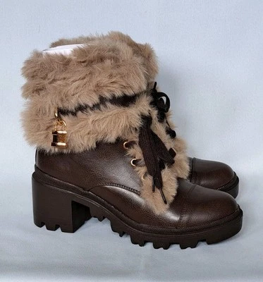 Shoedazzle Laela Bootie Lug Sole Coffee Faux Fur Lace Up NIB JustFab Size 6 - Image 1 of 4