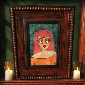 Glitter Girl Horror Original Ooak Art Framed Painting Big Eyes Red Lipstick - Picture 1 of 2