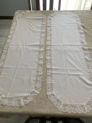 2 Dresser Scarf Table Runners 40 x 14" White Vintage Lace-Trimmed - Image 1 of 4