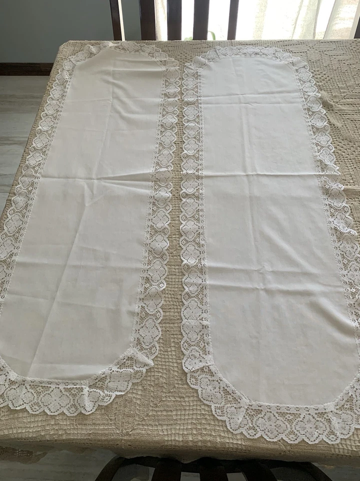2 Dresser Scarf Table Runners 40 x 14" White Vintage Lace-Trimmed - Image 1 of 4