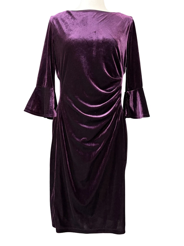Lauren Ralph Lauren Dress Womens 10 Purple Velvet Ruched Bell Sleeve Sheath - Image 1 of 4