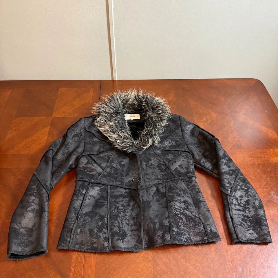 Paparazzi Faux Fur Collar Jacket Women’s L Black Boho Y2K Faux Suede Coat - Image 1 of 4