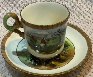 Fox Hunt Hunting Spode Demitasse Cup and Saucer  Brown Rim  The Hounds - Picture 1 of 7
